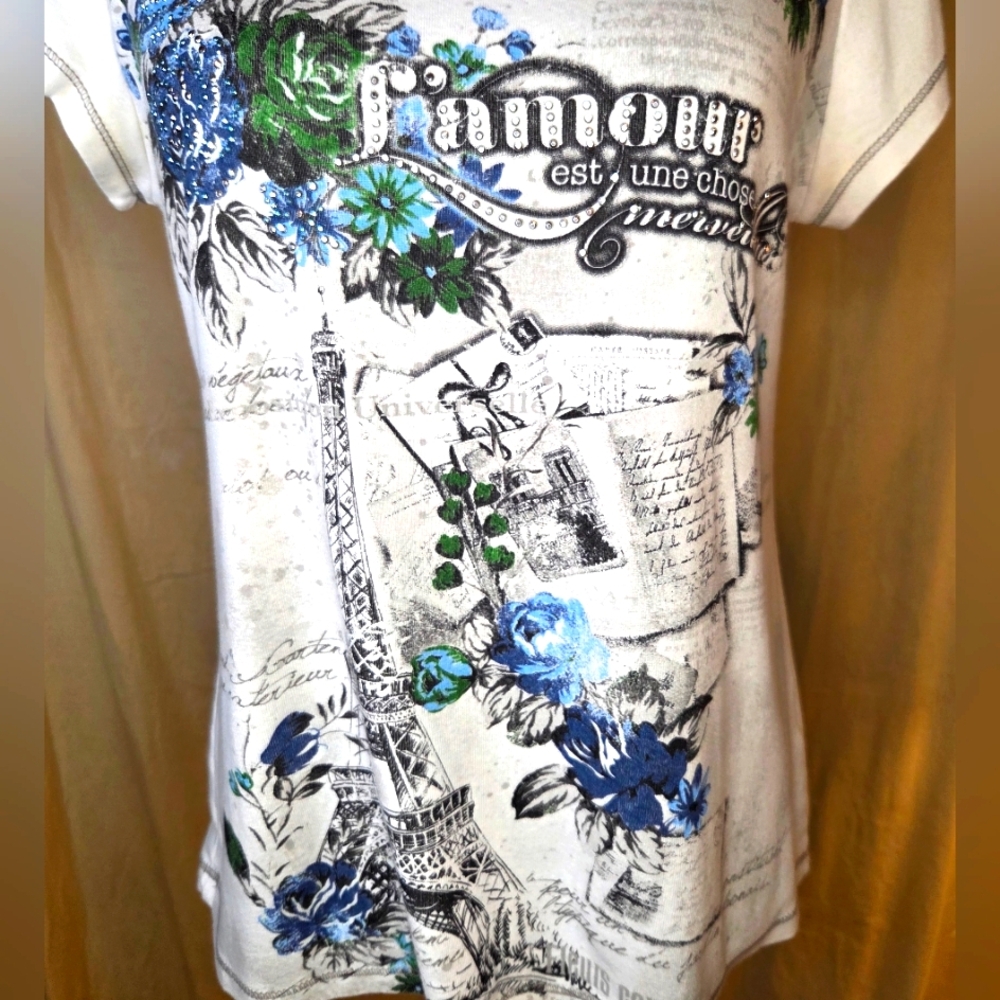 ✨️UPDATED✨️ VTG Y2K Blue Canyon Paris Graphic Tee Rhinestone Eiffel Tower Top M - Picture 5 of 15